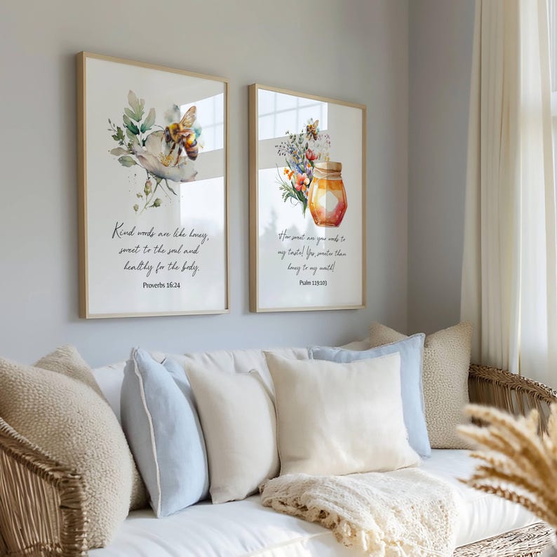 Bible Verse Wall Art Bundle Honey Bee Home Decor Christian Honeycomb ...
