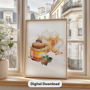Honigbiene Gartendeko Wabe Aquarell Wandkunst Honigglas Bumble Bee Poster Bienenliebhaber Wohnkultur Print Biene und Glas Kunstwerk Geschenk für Sie
