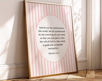 Stripe Wall Art Printable Pink Modern Christian Decor Stripe Entryway Poster Scripture Girl Nursery Faith Art Romans 12:2 Bible Verse Print