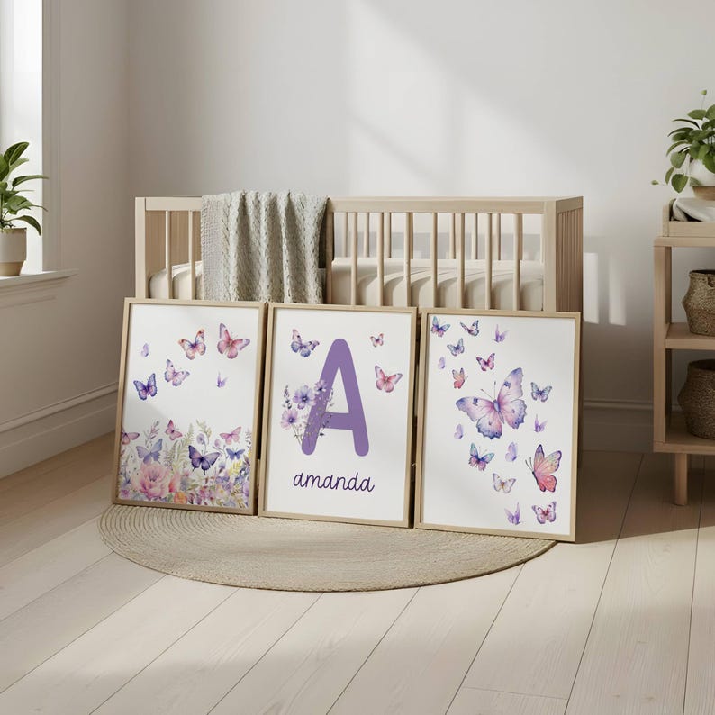 Nursery Wall Decor Purple Set of 3 Girl Name Wall Art Nursery Print ...