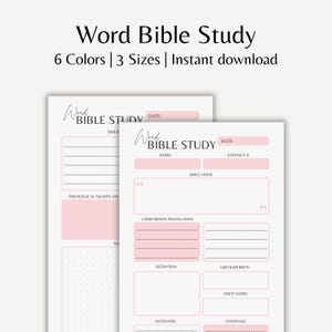Könnte beinhalten: Zwei weiße, druckbare Bibelstudienblätter mit rosa Akzenten und schwarzem Text. Die Überschrift lautet Word Bible Study und enthält Felder für Datum, Wort, Strong-Nummer, Bibelvers, Vergleichsübersetzung, Definition, Griechisch/Hebräisch und Wurzelwort.