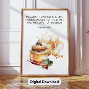 Honigglas Wanddruck Familienzimmer Christian Wohnkultur Wabe Schrift Kunst Zeichen Honigbienenglas Poster Insekt Geschenk für Mama Sprüche 16:24