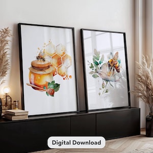 Bumble Bee Artwork 2er Set Galerie Wandkunst Honigbiene Gartendeko Natur Blumenwaben Poster Aquarell Bienenglas Modern Ästhetischer Druck