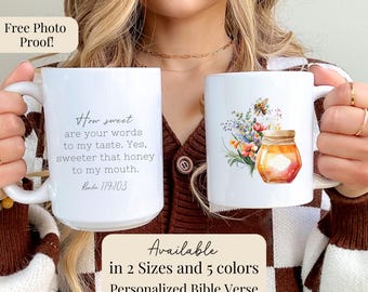 Personalized Christian Coffee Mug Honey Bee Bible Verse Floral Tea Cup Coffee Lover Gift Idea For Church Group Scripture Mug Bee Themed Gift