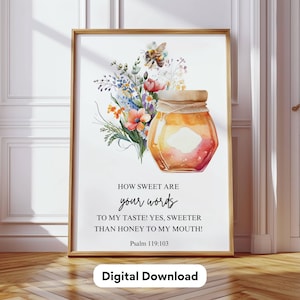 Honigglas Wand Kunst Druck Bibel Vers Honig Biene Floral Wohnkultur Christliche Natur Kunstwerk Ästhetische Schrift Poster Wohnzimmer Kunstdruck