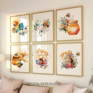 Honey Bee Wall Art bundel Bumble Bee Home decor honingraat natuur woonkamer set van 6 Floral Bee poster aquarel housewarming cadeau idee