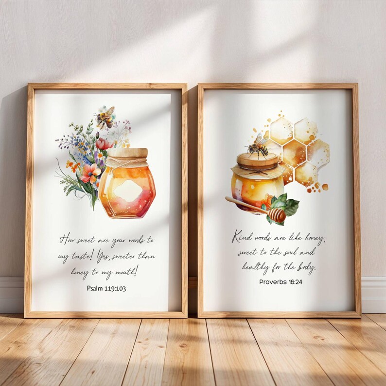 Bible Verse Wall Art Bundle Honey Bee Home Decor Christian Honeycomb ...