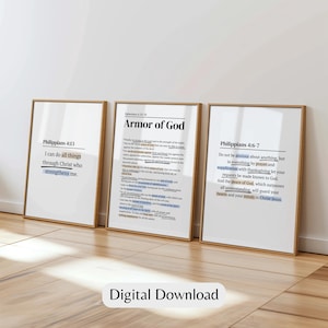Bible Verse Wall Art Set of 3 Armor of God Home Decor Christian Bible Journaling Inspired Gallery Wall Print Scripture Philippians 4:6-7