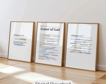 Juego de 3 impresiones de pared con versículos bíblicos de la Armadura de Dios, decoración para el hogar, diario bíblico cristiano, galería inspirada, escritura Filipenses 4:6-7