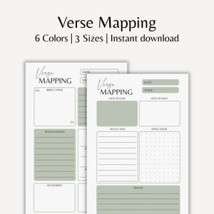 Op de afbeelding: Twee afdrukbare "Verse Mapping" sjablonen met een minimalistisch ontwerp. De sjablonen bevatten secties voor bijbelverzen, vertalingen, trefwoorden en reflecties. De tekst "Verse Mapping" staat bovenaan, met de opties "6 kleuren | 3 maten | Direct downloaden".