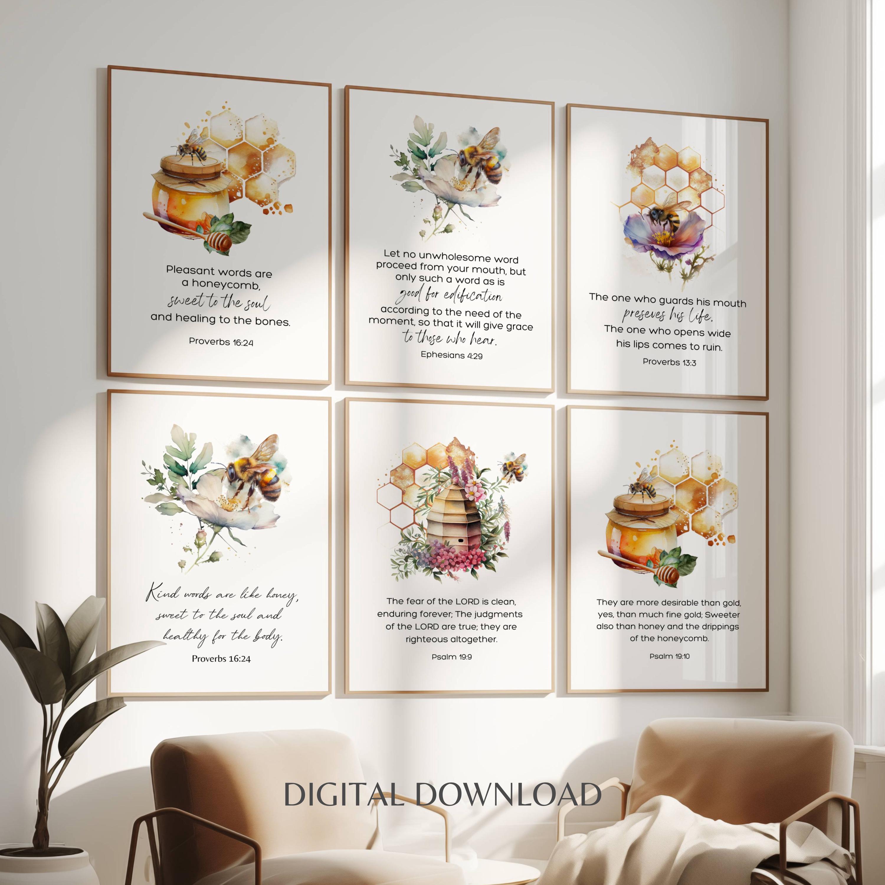 Bible Verse Wall Art Bundle Honey Bee Home Decor Christian Honeycomb ...