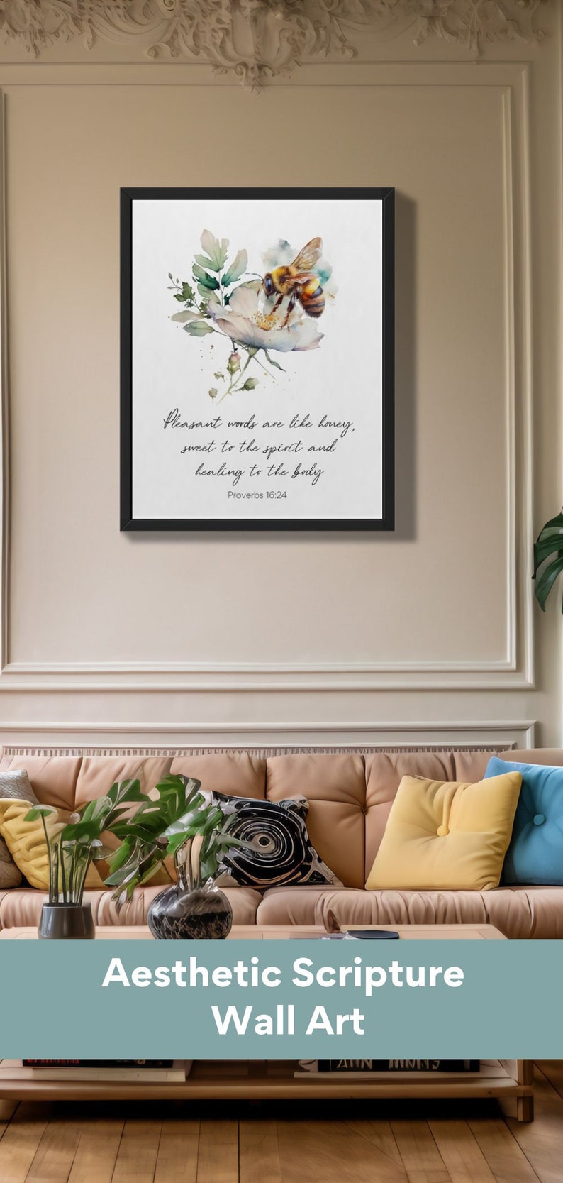 Proverbs 16:24 Honey Bee Scripture Decor Watercolor Floral Bee Print ...