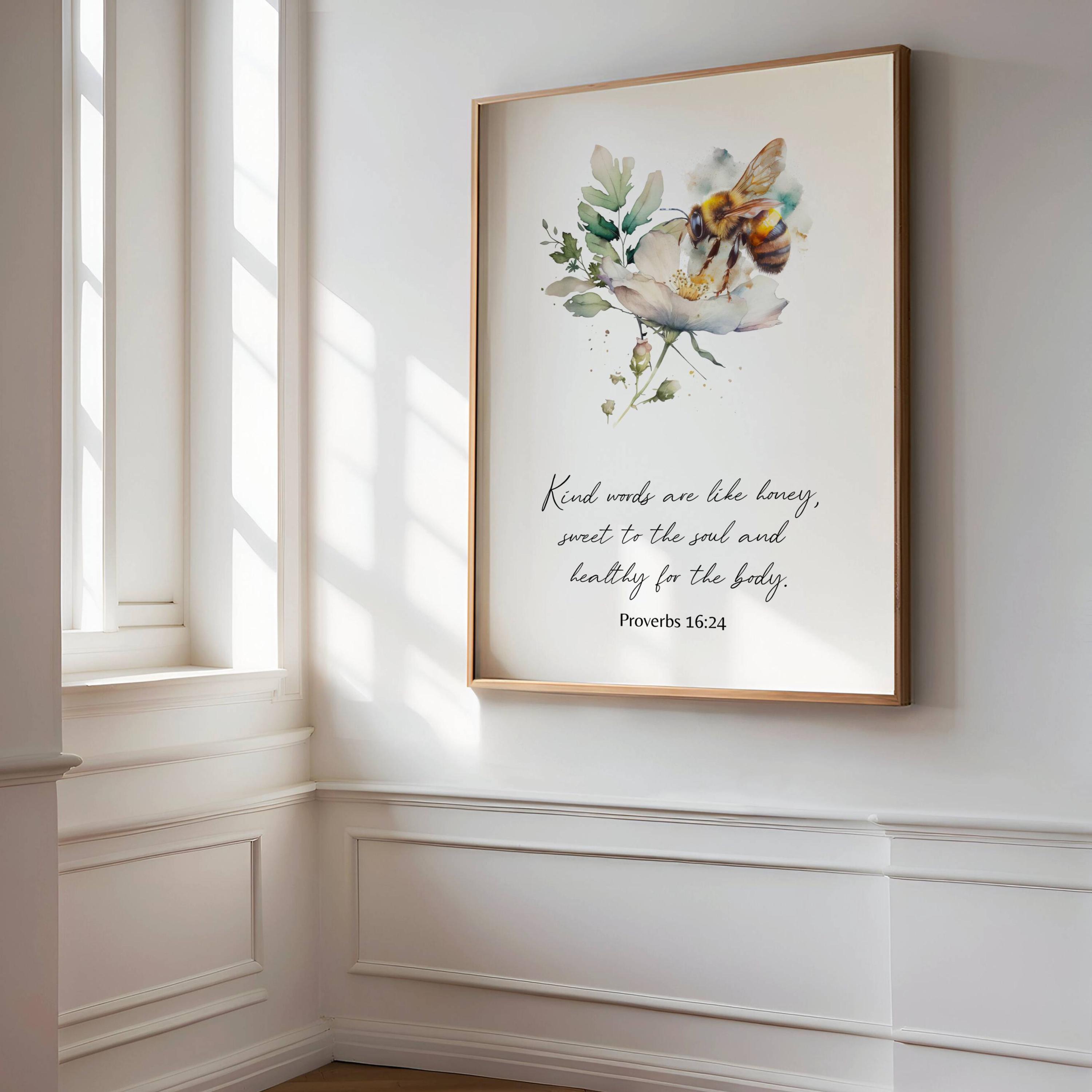 Felicity Bee Scripture Proverbs 16:24 Honey Bee Scripture Decor Watercolor Floral Bee Print ...