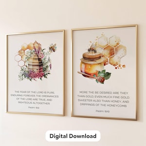 2er-Set Bienenstock Wanddekor Bibel Vers Honigbiene Wandkunst Christliche Bienenwabe Druck Schrift Honigglas Natur Blumendruck Psalm 19: 9-10