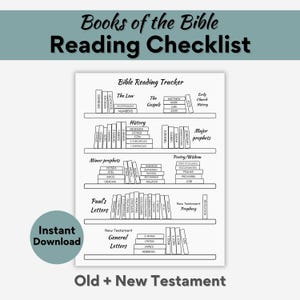 Peut inclure: Une liste de contrôle de lecture de la Bible en noir et blanc présentant cinq étagères de livres étiquetés avec les noms des livres de l'Ancien et du Nouveau Testament. Le texte inclut Books of the Bible Reading Checklist et Instant Download.