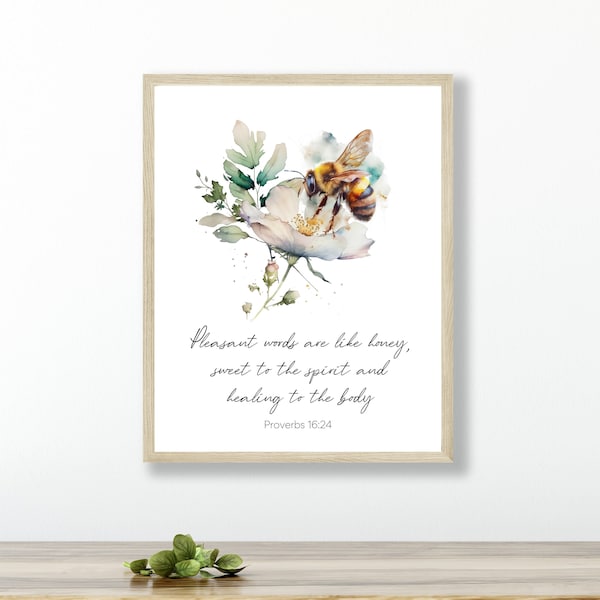 Proverbs 16:24 Honey Bee Scripture Decor Watercolor Floral Bee Print Christian Garden Decor Wall Art Poster Bible Verse Bumble Bee Artwork