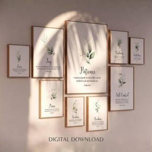 May include: A collection of framed art prints with inspirational words like "Patience" and "Joy." Each print features botanical illustrations in green and gold tones. The frames are a warm brown color, and the text "DIGITAL DOWNLOAD" is at the bottom.