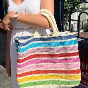 Crochet Striped Summer Tote Bag: Colorful Beach Bag
