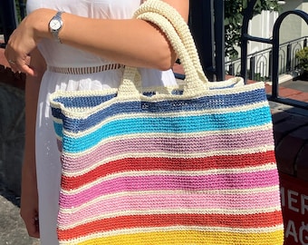 Crochet Striped Summer Tote Bag: Colorful Beach Bag