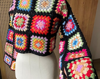 Handmade Crochet Patchwork Crop Sweater - Colorful Patchwork Knit Top