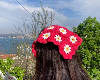 Daisy Crochet Bandana: Colorful Boho Hair Scarf