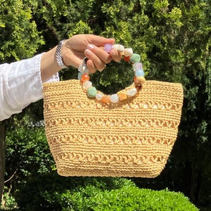 Handmade Crochet Paper Yarn Bag with Colorful Stone Handle