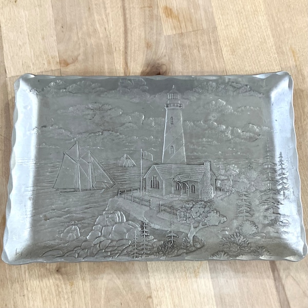 The Forge Hand Hammered Aluminum Tray 3D light house sailboat scene