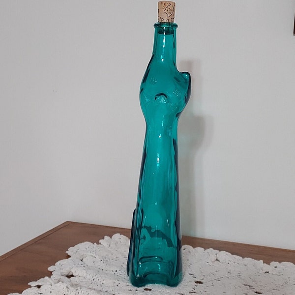 Cat Figural Riesling Wine Bottle Teal Green Blue Kitty Vase Empty 13" Cork Décor