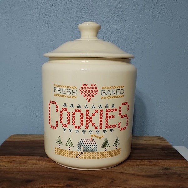 Stoneware Pottery Cross Stitch "Fresh Baked Cookies" Cookie Jar