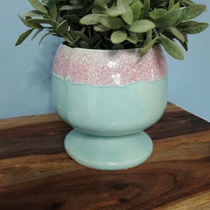 Vintage Blue Footed Planter with Pink Drip Glaze