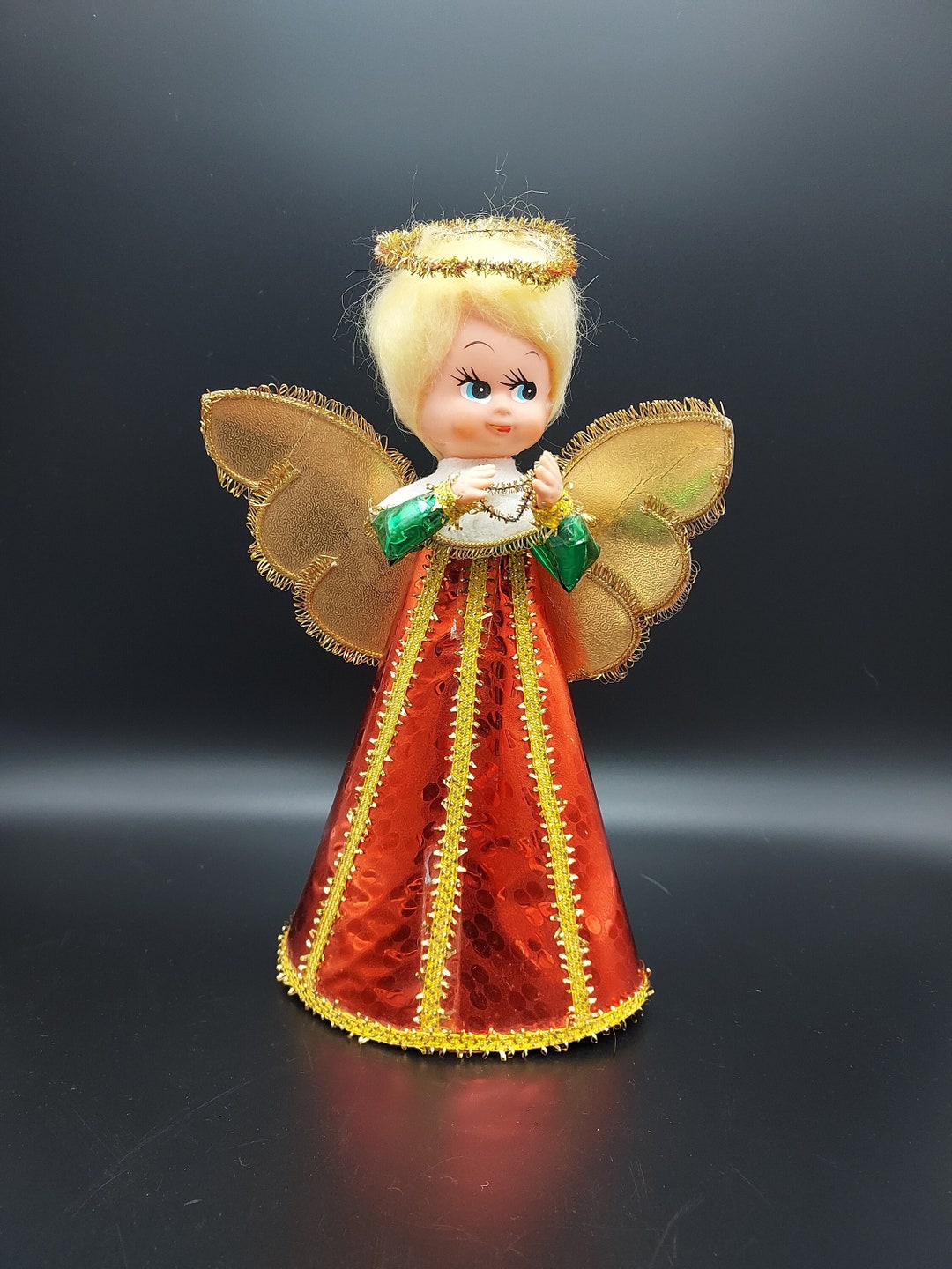 Vintage Red Gold Christmas Angel Tree Topper Cardboard 9 Tall Made in