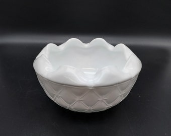 Vintage Indiana Milk Glass Bowl Diamond Quilt Crimped Ruffle Edge