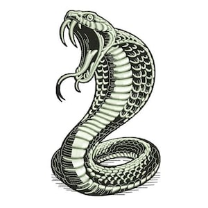 Può includere: Illustrazione in bianco e nero di un cobra con il cappuccio aperto e la bocca spalancata, che mostra zanne e una lingua biforcuta. Il serpente è arrotolato, con un motivo strutturato.