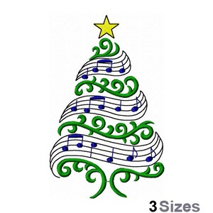 May include: A green Christmas tree design with blue musical notes and a yellow star on top. The tree is made up of swirls and musical notes.