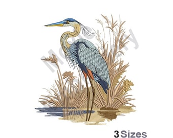 Heron - Machine Embroidery Design - 3 Sizes, Great Blue Heron Embroidery Pattern, Coastal Bird Embroidery Design