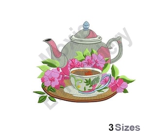 Teapot & Flowers - Machine Embroidery Design - 3 Sizes, Ceramic Tea Pot Embroidery Pattern, Exotic Pink Flowers Embroidery, Hibiscus Design