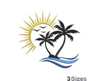 Palm Trees And Sunshine Birds - Machine Embroidery Design - 3 Sizes, Summer Scene Embroidery Pattern, Tropical Island Vacation Design