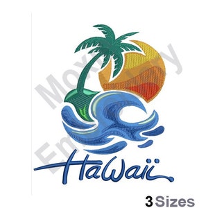 Hawaii - Machine Embroidery Design, Realistic Hawaiian Beach Embroidery Pattern, Tropical Sun & Palm Embroidery Design