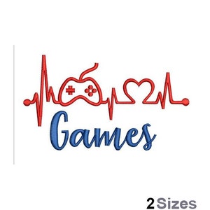 Puede incluir: Diseño de bordado rojo y azul de un mando de videojuego con un latido del corazón y un corazón, con el texto "Games" debajo.