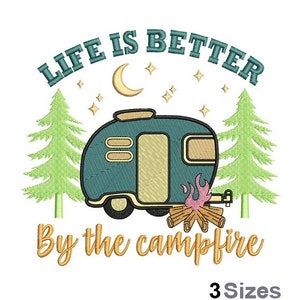 May include: Embroidered design featuring a camper van, trees, a campfire, stars, and the text "Life is better by the campfire".
