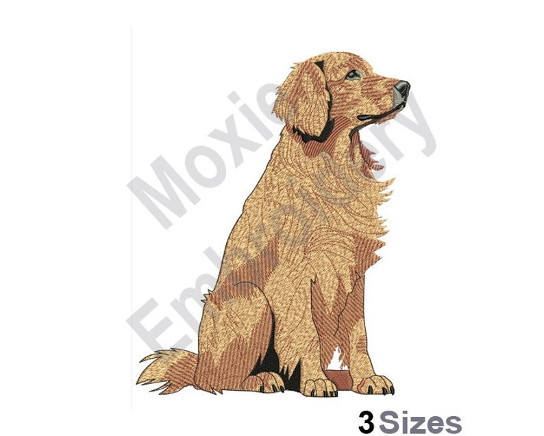 Golden Retriever - Diseño de bordado a máquina - 3 tamaños, Patrón de bordado de perro sentado, imagen 1