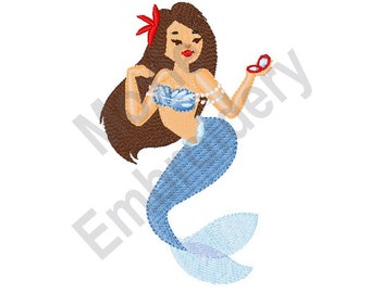 Blue Mermaid - Machine Embroidery Design, Mermaid Lady Embroidery Pattern, Cute Mermaid Girl Embroidery Design