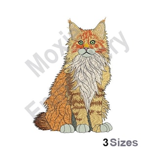 May include: A brown and white Maine Coon cat with green eyes sits with its paws tucked under its body. The cat has a long, bushy tail and a thick, white beard.