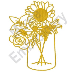 Mason Jar With Flowers - Machine Embroidery Design, Floral Vase Outline Embroidery Design, Lily Sunflower Rose Embroidery Design