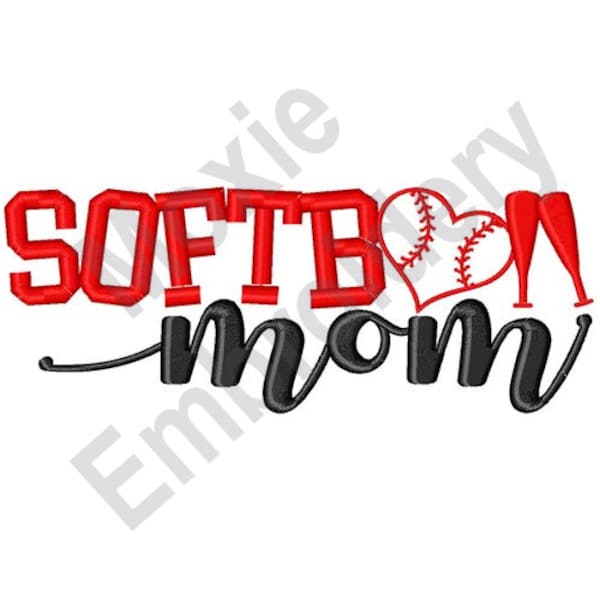 Softball Mama - Maschinenstickerei Design, Softball Mutter Stickmuster, Softball Herz Stickmuster, Softball Fledermäuse Stickerei