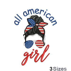 Fille américaine - motif de broderie Machine - 3 tailles, motif de broderie femme patriotique, noeud pour cheveux drapeau américain, conception de lunettes de soleil USA