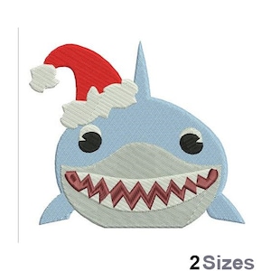 Christmas Shark - Machine Embroidery Design - 2 Sizes, Santa Claus Hat Shark Embroidery Pattern, Xmas Baby Toy Shark Cartoon Embroidery