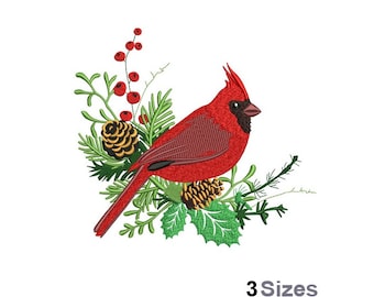 Christmas Cardinal - Machine Embroidery Design - 3 Sizes, Xmas Holly Berries and Pine Cones Decoration Embroidery, Red Cardinal Design