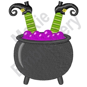 May include: A black cauldron with purple bubbling liquid and two green and black striped witch legs sticking out of the top.