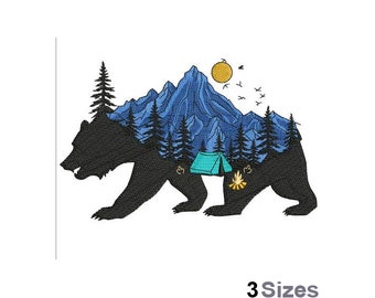 Black Bear Mountain Scene - Machine Embroidery Design - 3 Sizes, Camping Tent & Campfire Embroidery Pattern, Pine Trees Embroidery Design